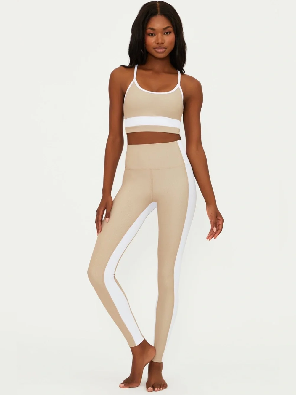 Beach Riot Beige and White Colorblock Sports Bra & Leggings